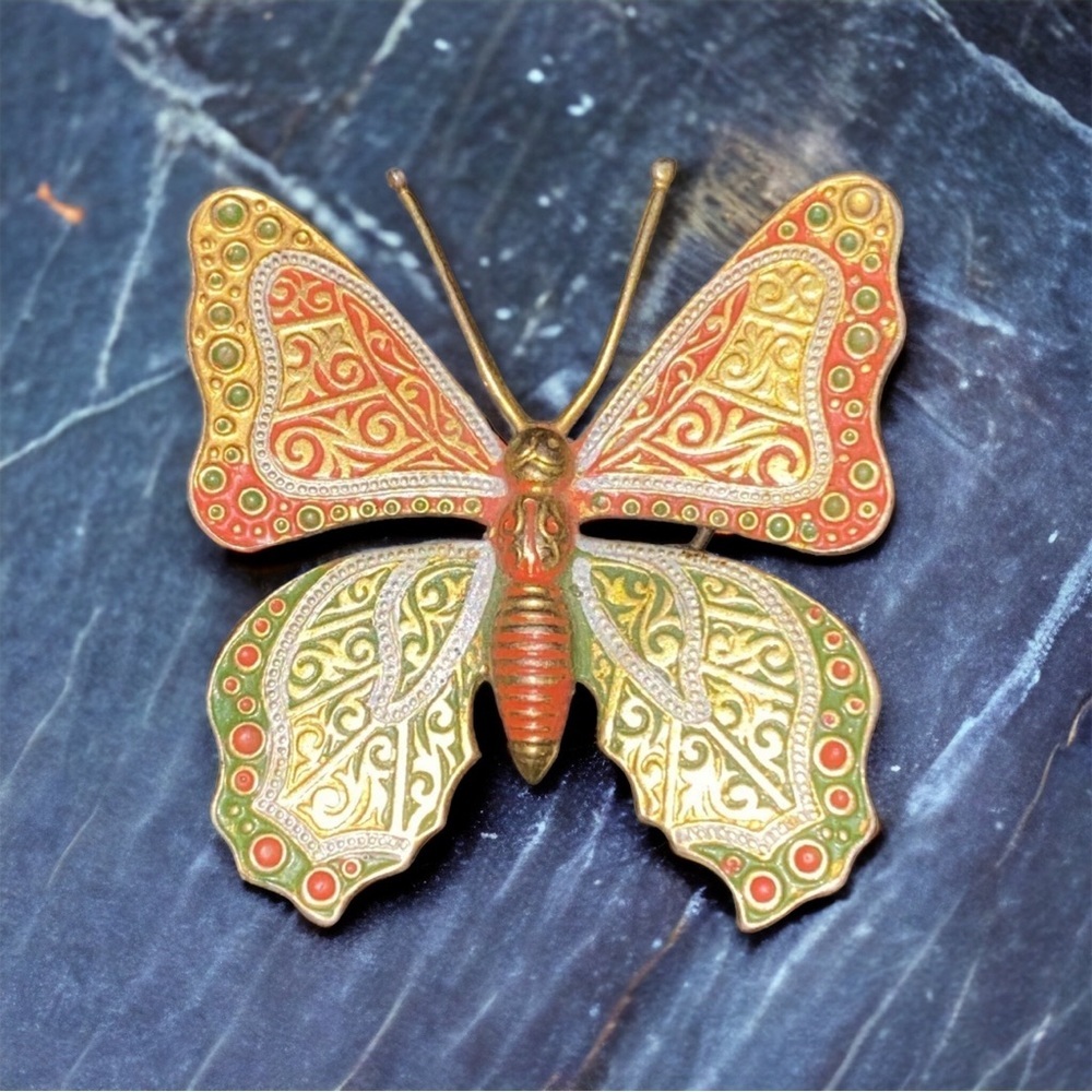 Vintage Damascene Enamel Gold Tone Butterfly Brooch Spain